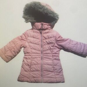 Pink Quilted Hooded Coat with Faux Fur Trim